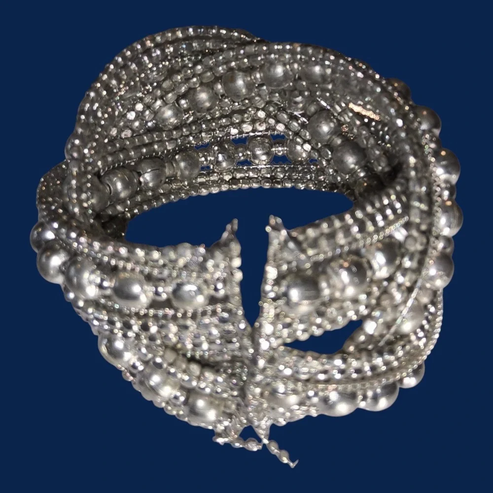 Silver Tone Boho Multi Strand Beaded Cuff Bracelet Wide Statement - Picture 8 of 8